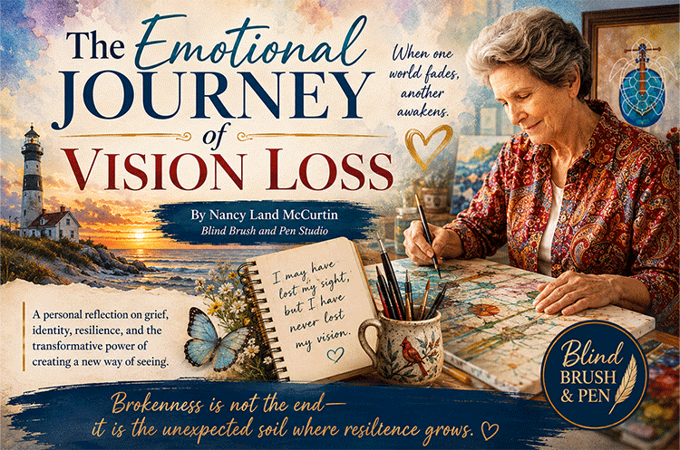 The Emotional Journey of Vision Loss by blind artist and author Nancy Land McCurtin, illustrating resilience, healing, creativity, and hope through art and sensory awareness.