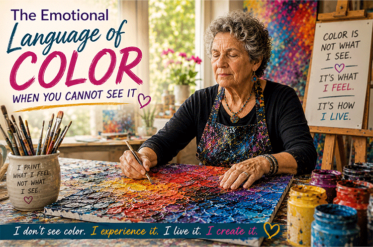 Nancy Land McCurtin creates textured artwork while exploring the emotional language of color through touch, memory, frustration, resilience, and creative expression beyond sight.