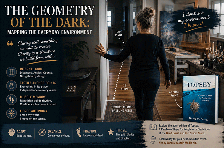 The Geometry of the Dark showing a blind artist navigating her environment through tactile landmarks, muscle memory, and spatial awareness after vision loss.