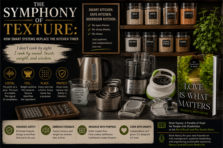 The Symphony of Texture How Smart Systems Replace the Kitchen Timer The Symphony of Texture illustration showing an organized kitchen with tactile storage systems, safe food preparation tools, and auditory feedback methods that support independent living after vision loss.