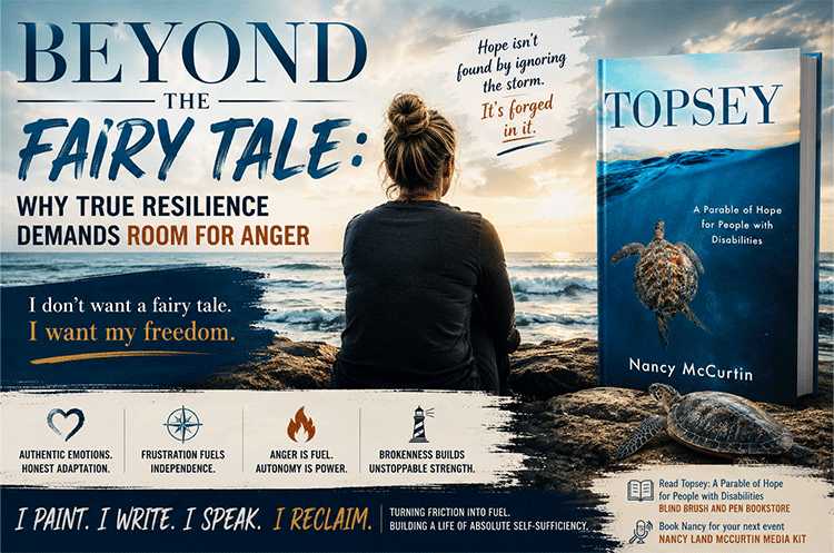 Illustration for Beyond the Fairy Tale: Why True Resilience Demands Room for Anger, showing a woman facing the ocean beside Nancy Land McCurtin’s book Topsey, symbolizing resilience, independence, and authentic adaptation after vision loss.
