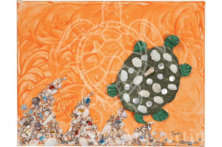 Mixed Media, 3D:acrylic paint, foam clay, sea shells, faux jewelry