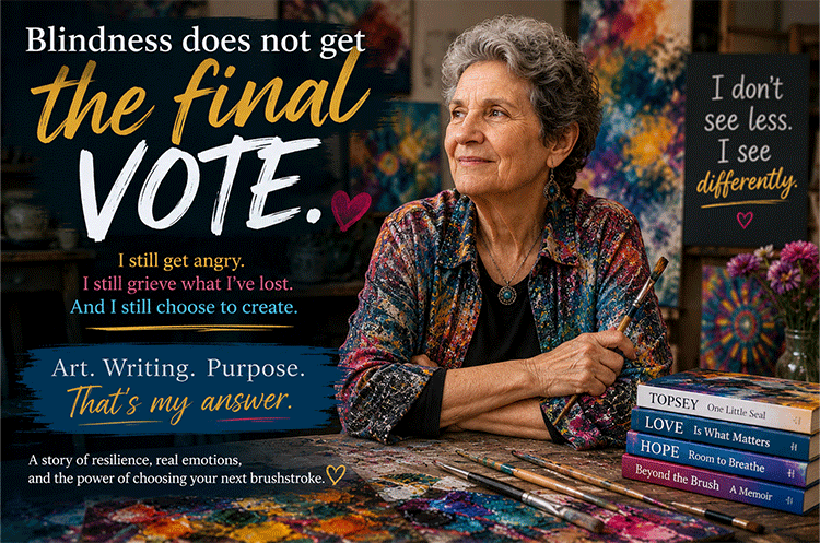 Nancy Land McCurtin channeling raw frustration and tactile mapping into the heavy, textured layers of her abstract painting, proving that blindness does not get the final vote.