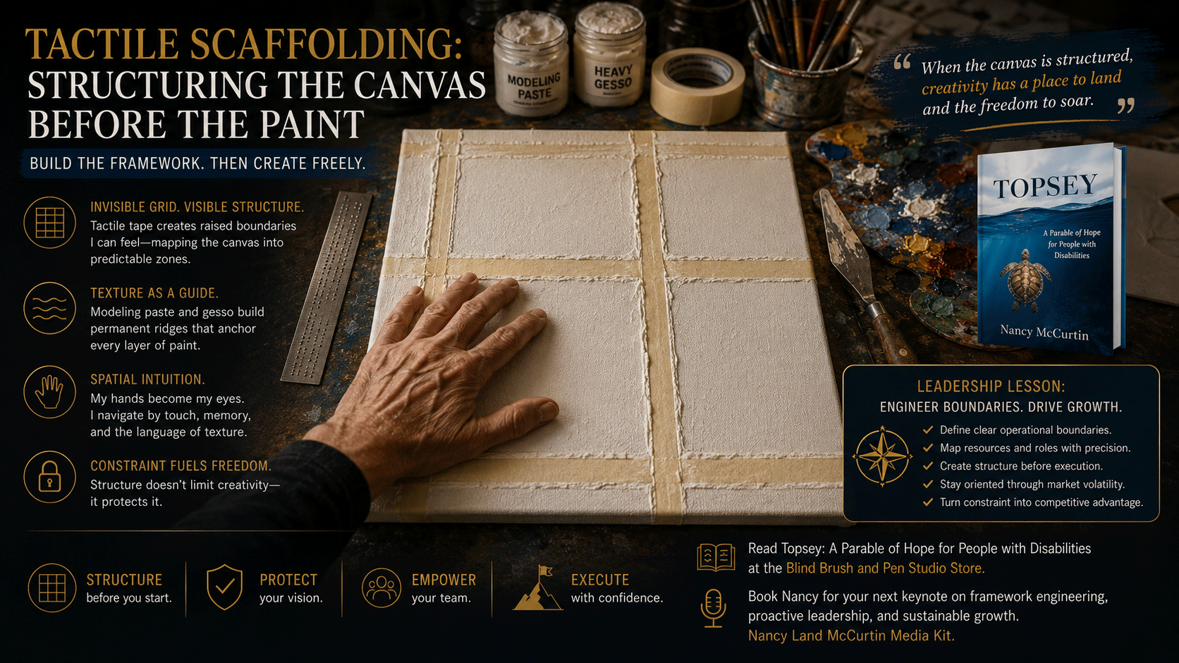 Tactile Scaffolding illustration showing a canvas prepared with raised tape grids, textured modeling paste, and tactile boundaries that help Nancy Land McCurtin organize abstract paintings through touch before applying paint.