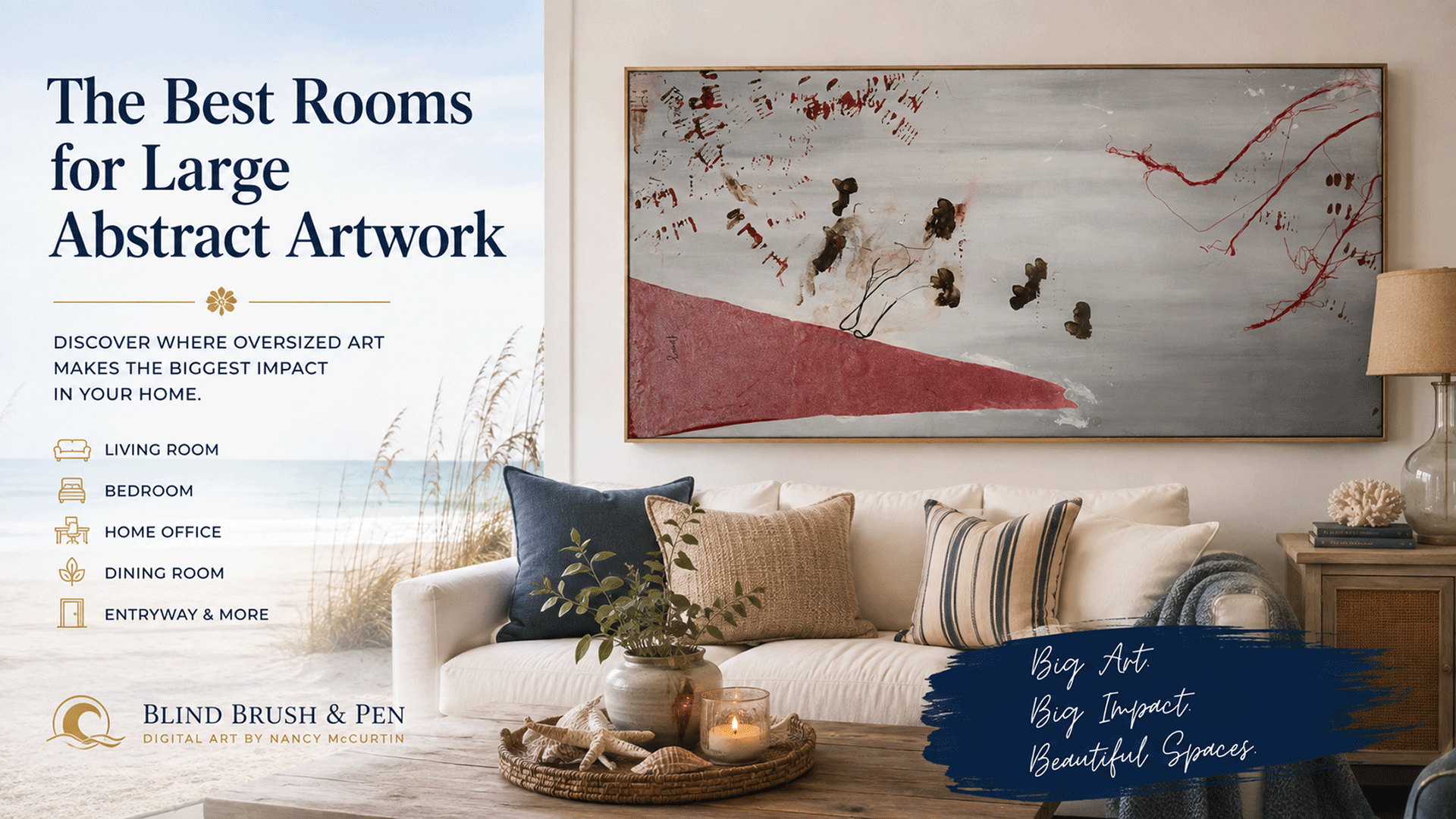 Large abstract artwork displayed in a coastal-inspired living room illustrating how oversized digital art creates a focal point in Topsail Island homes.