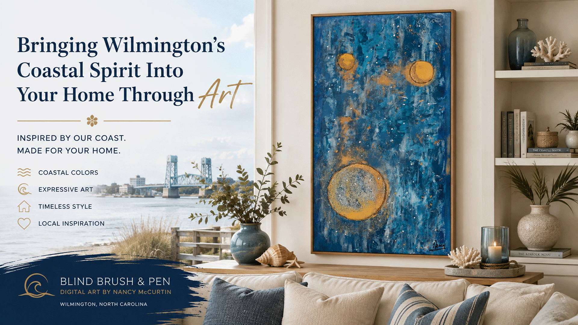 Contemporary coastal living room featuring Nancy McCurtin's abstract digital artwork inspired by Wilmington, North Carolina's coastal beauty.